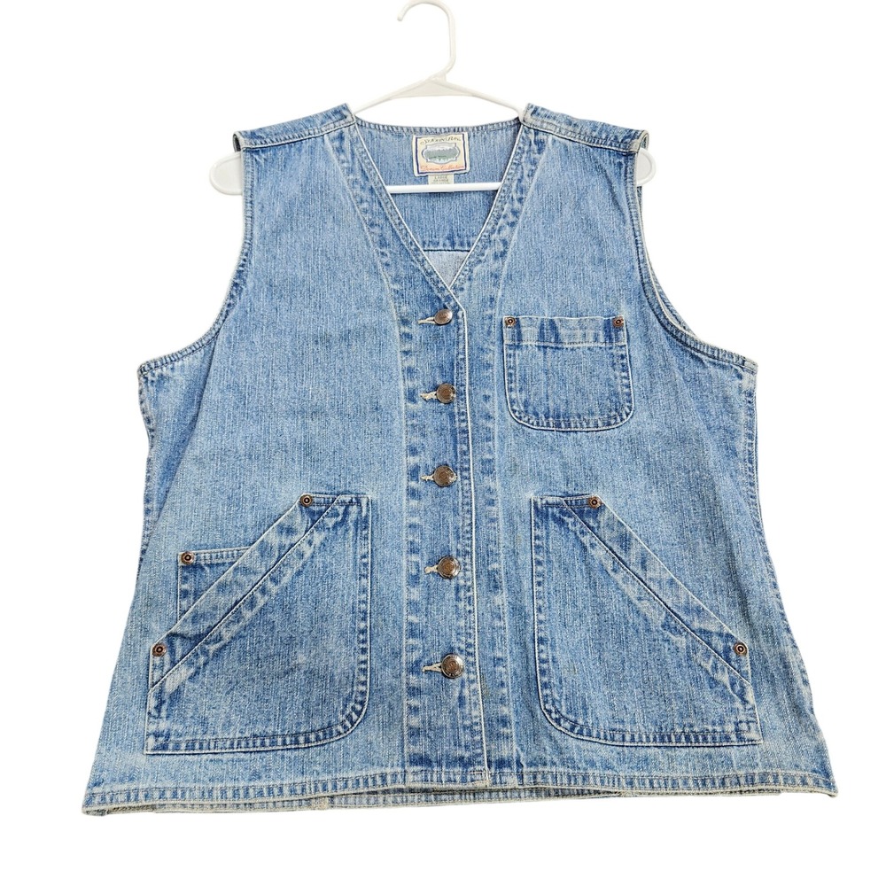 St Johns Bay Denim Collection Vest Womens Large Blue Cotton Utility Chore 16641